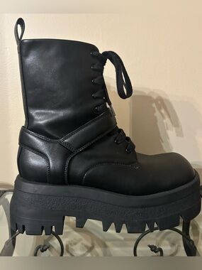 Charles & Keith Black Platform Combat Boots with Strap